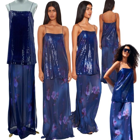 🆕 RAT & BOA 🧿 NWOT Violetta Blue Sequin & Floral Printed Maxi Dress, Sz S - Picture 1 of 17